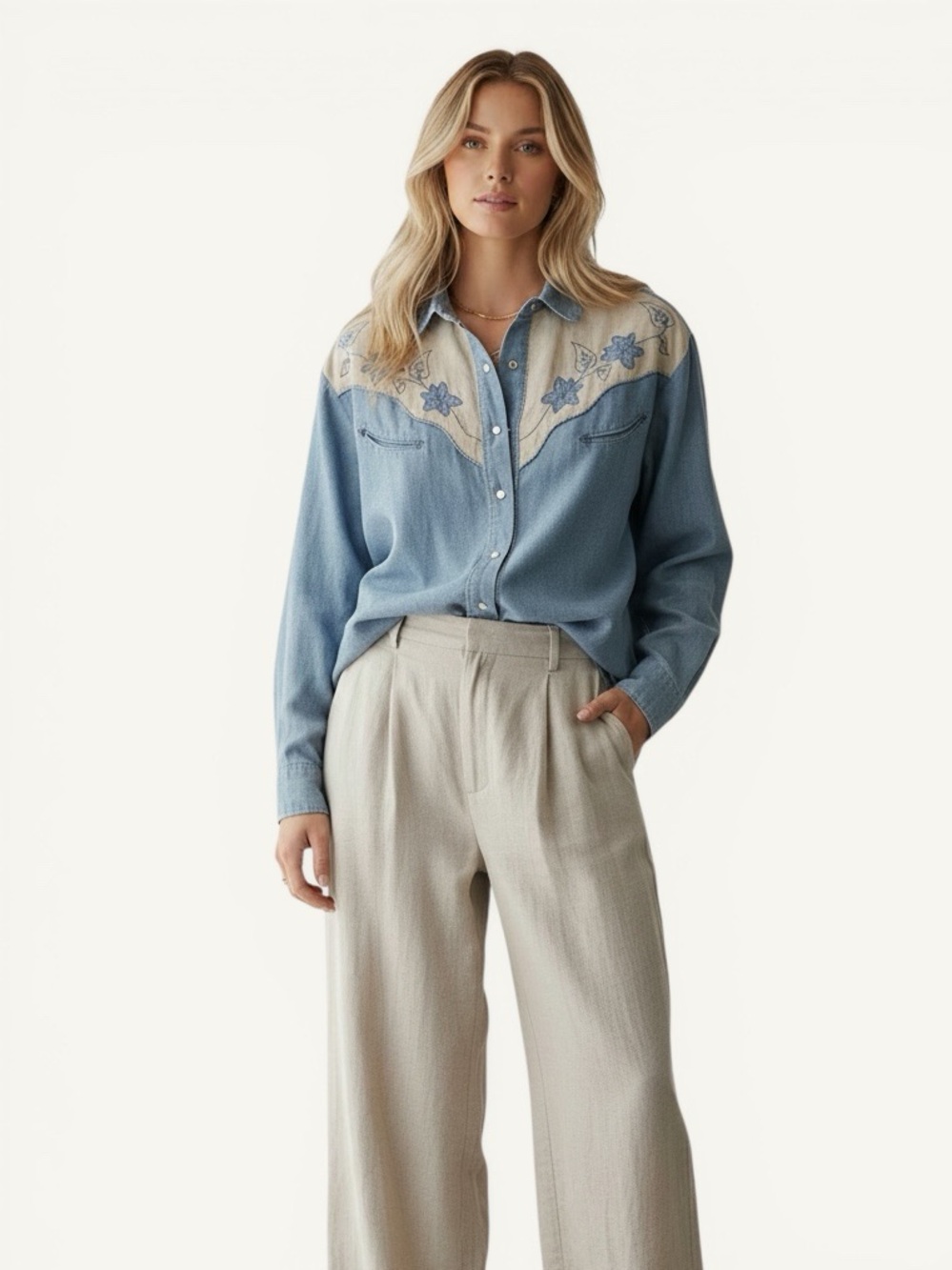 GUESS Georges Marciano 90s Chambray Western Pearl Button Shirt Embroidered Yoke